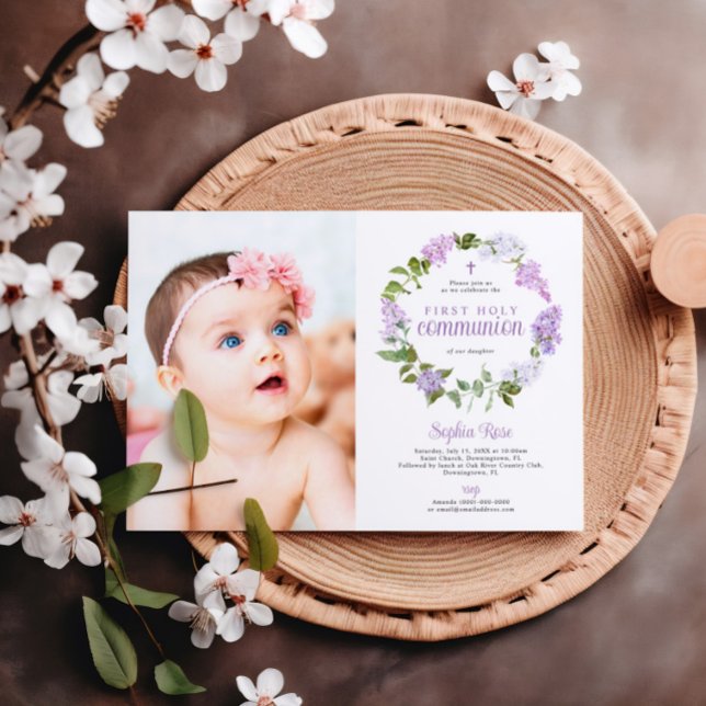 Rustic Lilac Flowers Photo First Holy Communion Invitation (Creator Uploaded)