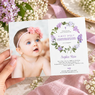 Rustic Lilac Flowers Photo First Holy Communion Invitation