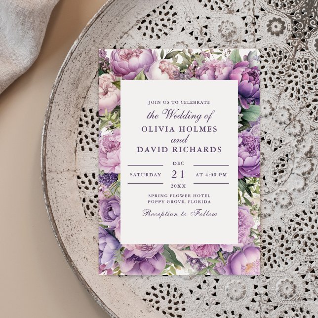 Rustic Lilac Lavender and Peony Wedding Invitation (Rustic Lilac Lavender and Peony Wedding Invitation on a neutral boho plate.)