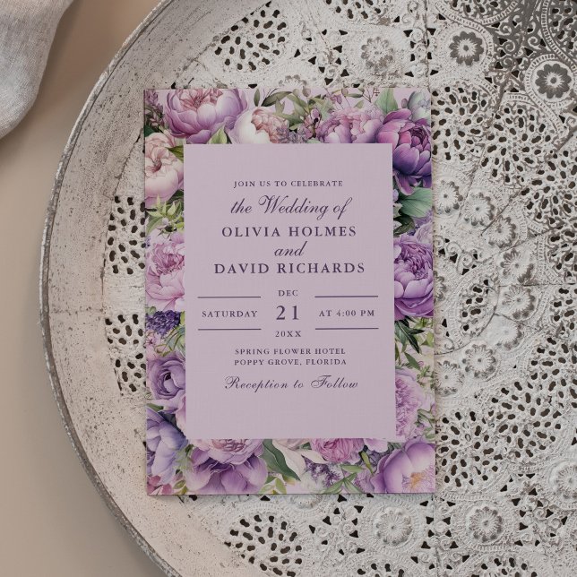 Rustic Lilac Lavender and Peony Wedding Invitation (Rustic Lilac Lavender and Peony Wedding Invitation on beautiful neutral boho plate.)