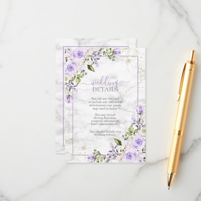 Rustic Lilac Lavender Gold Marble Details Enclosure Card (Front/Back In Situ)