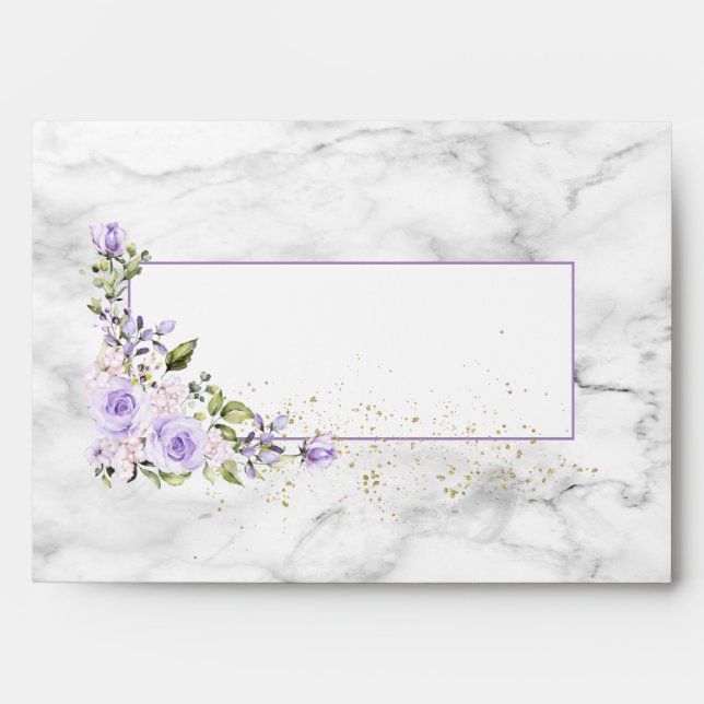 Rustic Lilac Lavender Gold Marble Floral Wedding Envelope (Front)