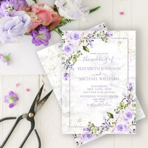 Rustic Lilac Lavender Gold Marble Floral Wedding Invitation