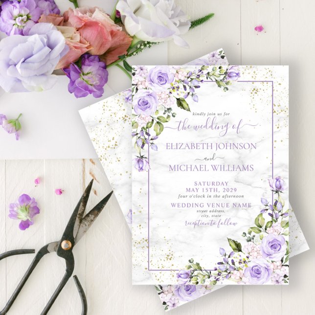 Rustic Lilac Lavender Gold Marble Floral Wedding Invitation (Creator Uploaded)