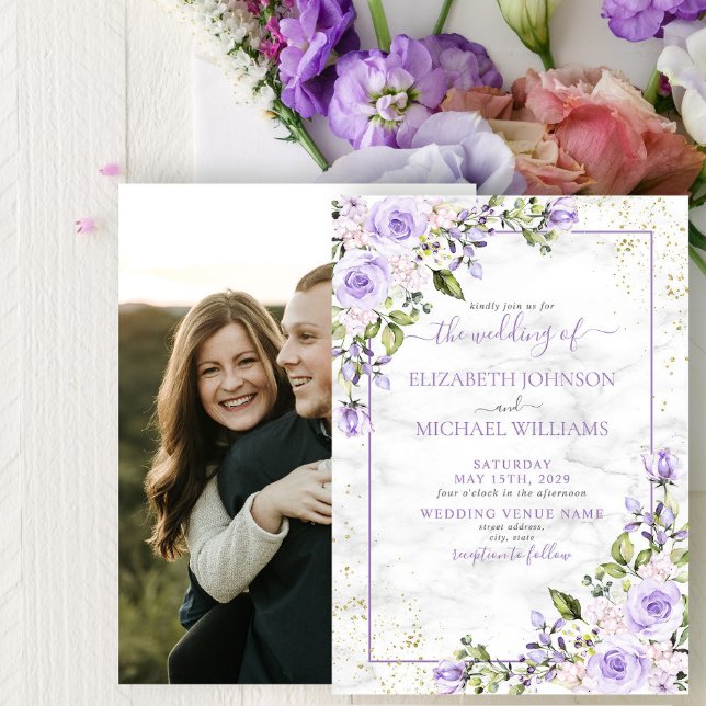 Rustic Lilac Lavender Gold Marble Photo Wedding Invitation (Creator Uploaded)
