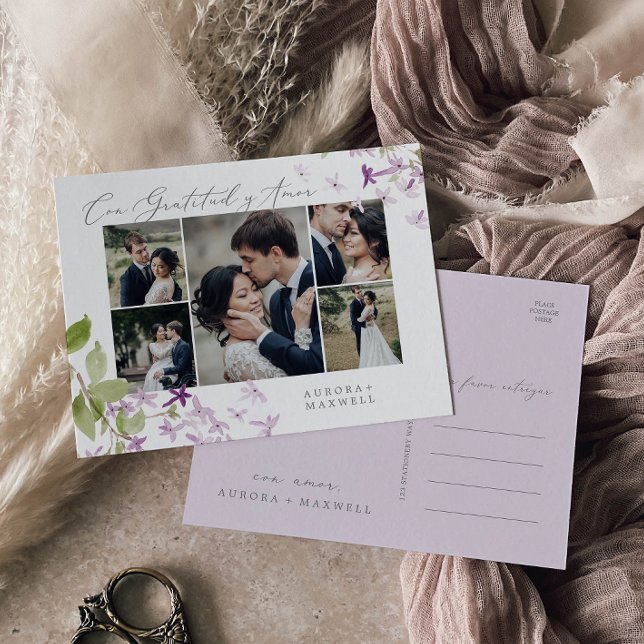 Rustic Lilac Multi Photo Wedding Gratitud y Amor Postcard (Creator Uploaded)