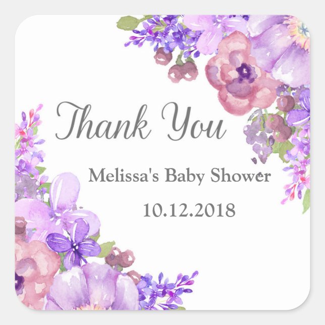 Rustic Lilac Purple Flowers Baby Shower Thank You Square Sticker (Front)