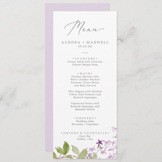 Rustic Lilac Wedding Dinner Menu (Front/Back)