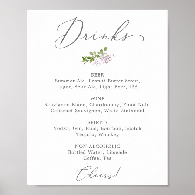 Rustic Lilac Wedding Drink Menu Sign (Front)