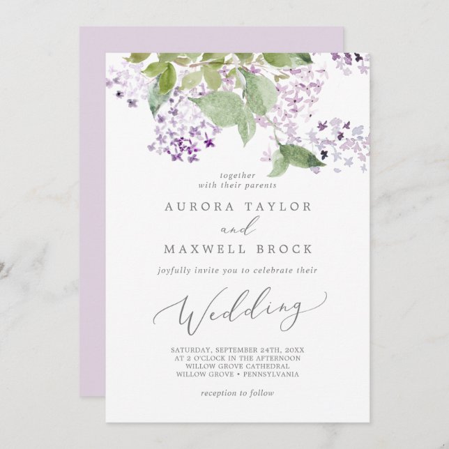 Rustic Lilac Wedding Invitation (Front/Back)