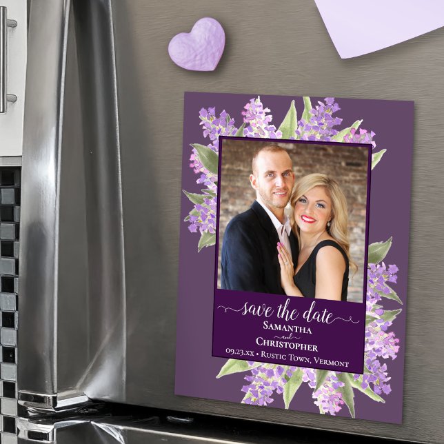 Rustic Lilacs & Photo Purple Wedding Save the Date Magnetic Invitation (In Situ on Refrigerator)
