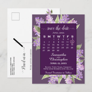 Rustic Lilacs Wedding Save the Date Calendar Plum Announcement Postcard