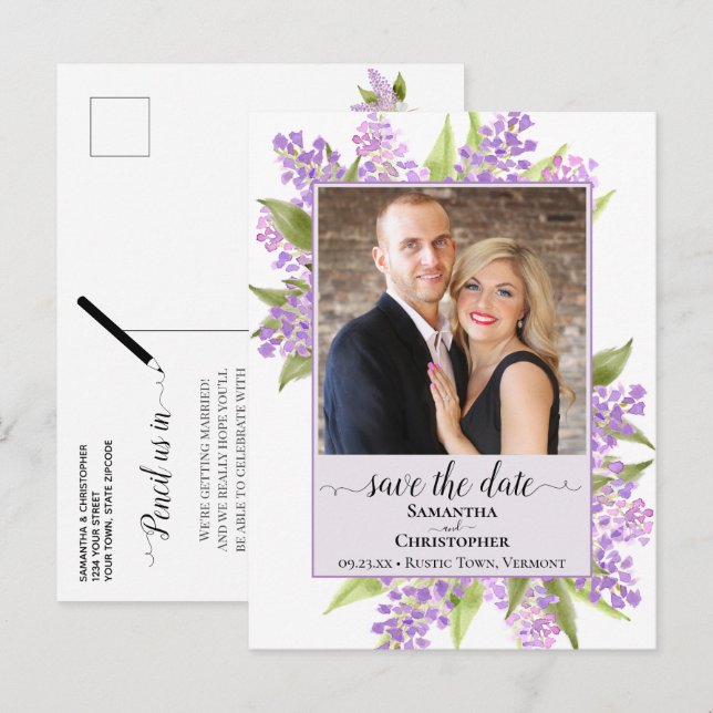 Rustic Lilacs Wedding Save the Date Photo Lavender Announcement Postcard (Front/Back)