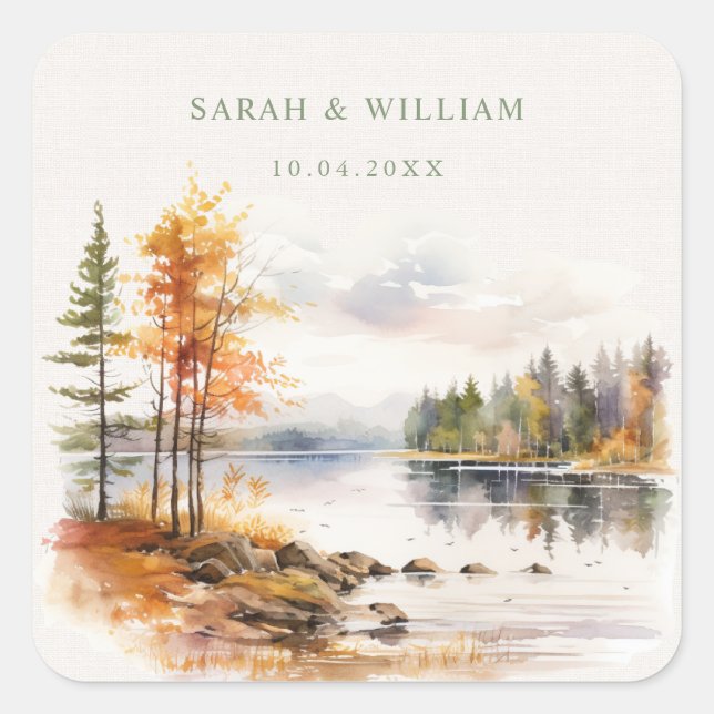 Rustic linen and fall lake Wedding Sticker (Front)