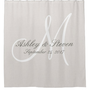 Rustic Linen and White Monogram Wedding Shower Curtain