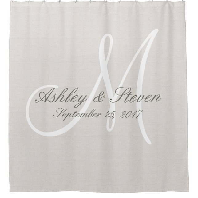 Rustic Linen and White Monogram Wedding Shower Curtain (Front)