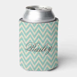 Rustic Linen Beige and Aqua Chevron Monogram Can Cooler