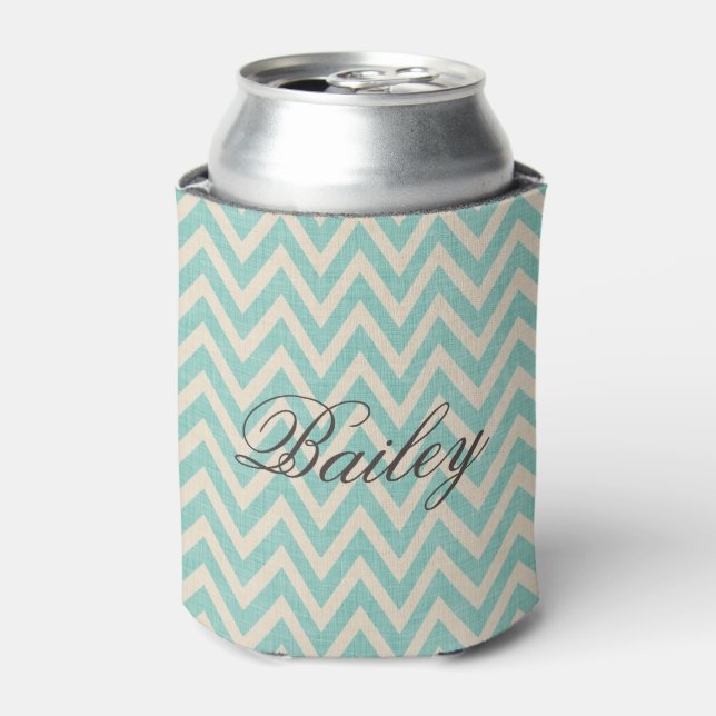 Rustic Linen Beige and Aqua Chevron Monogram Can Cooler (Can Front)