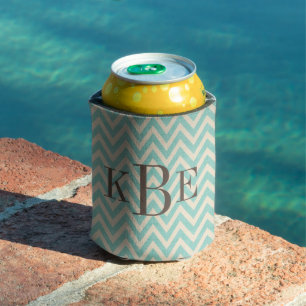 Rustic Linen Beige and Aqua Chevron Monogram Can Cooler