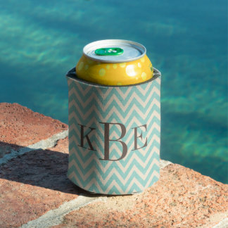 Rustic Linen Beige and Aqua Chevron Monogram Can Cooler