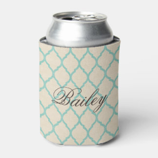Rustic Linen Beige and Aqua Quatrefoil Monogram Can Cooler