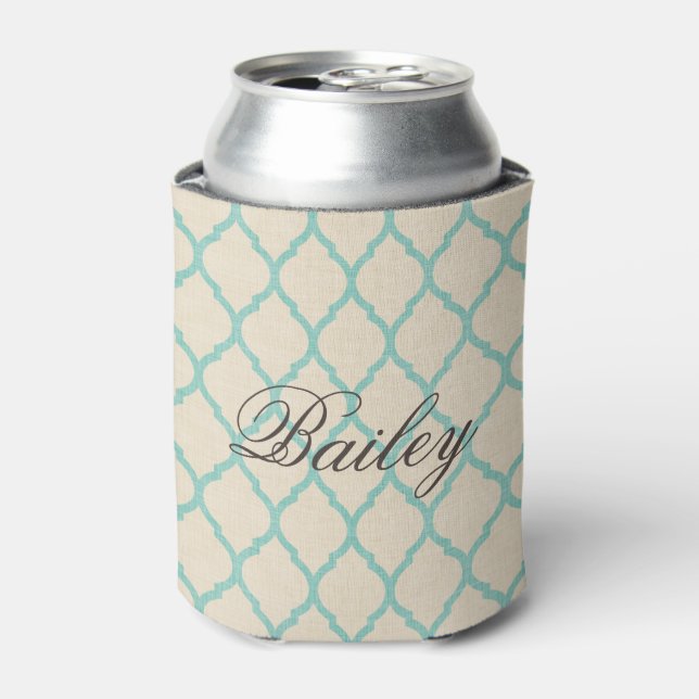 Rustic Linen Beige and Aqua Quatrefoil Monogram Can Cooler (Can Front)