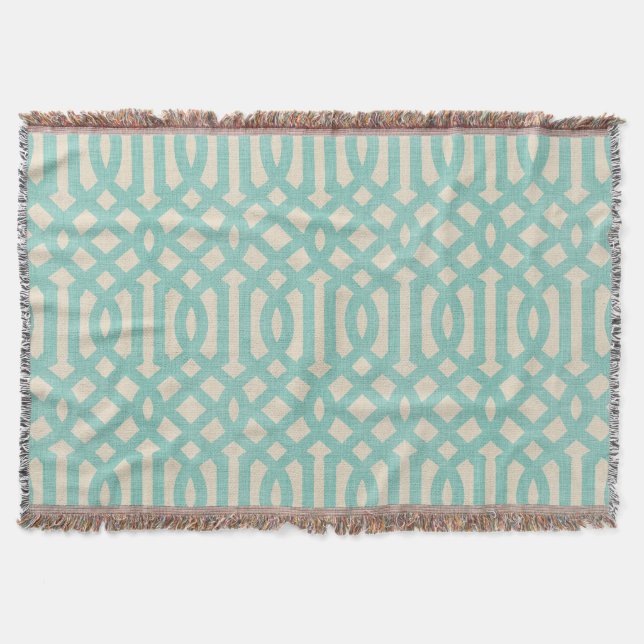Rustic Linen Beige and Aqua Trellis Throw Blanket (Front)