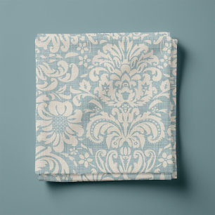 Rustic Linen Beige and Blue Floral Damask Fabric