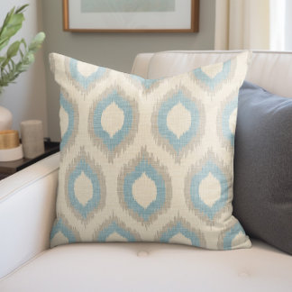 Rustic Linen Beige and Blue Ikat Print Cushion
