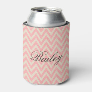 Rustic Linen Beige and Pink Chevron Monogram Can Cooler