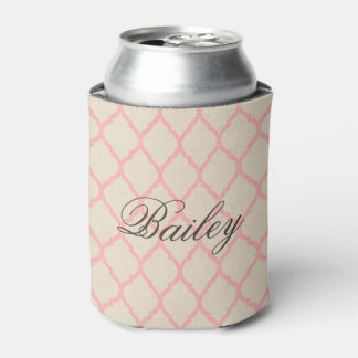 Rustic Linen Beige and Pink Quatrefoil Monogram Can Cooler