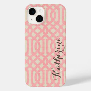 Rustic Linen Beige and Pink Trellis Monogram Case-Mate iPhone 14 Case