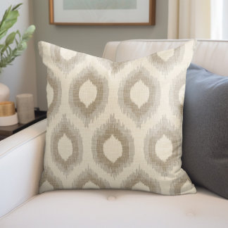 Rustic Linen Beige and Taupe Ikat Print Cushion