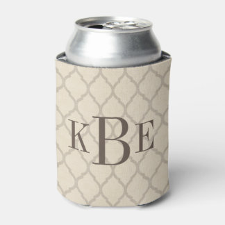 Rustic Linen Beige and Taupe Quatrefoil Monogram Can Cooler