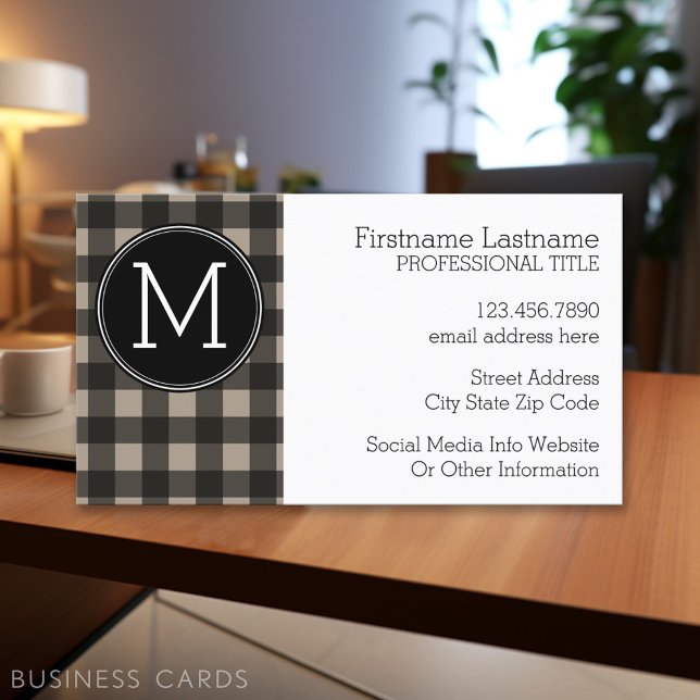 Rustic Linen Black Buffalo Plaid gingham Monogram Business Card (Personalized Printed Business Cards)