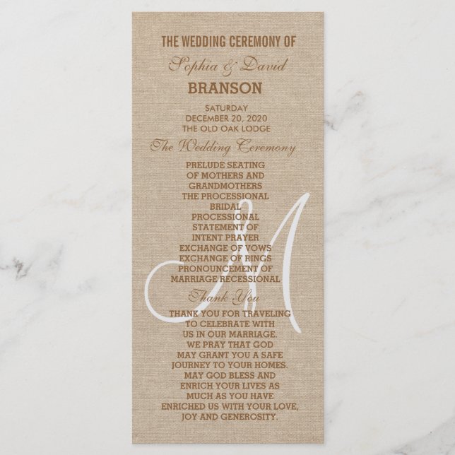 Rustic Linen Canvas Wedding Monogram Program Programme (Front)