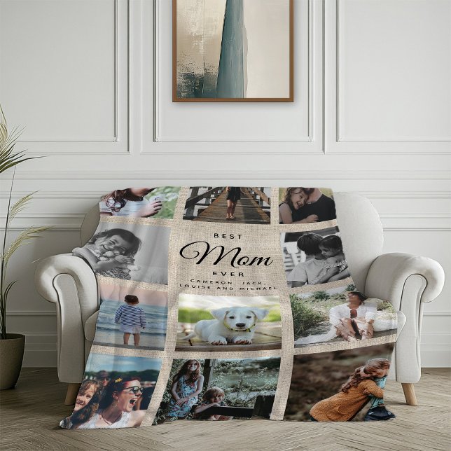 Rustic Linen Chic Best Mum Ever Cute Photo Collage Fleece Blanket (Creator Uploaded)