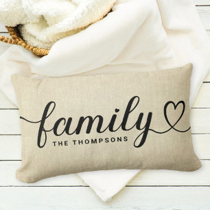 Rustic Linen Family Heart Script Monogram Lumbar Cushion