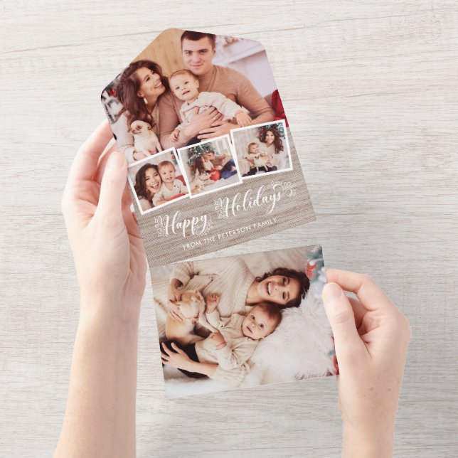 Rustic Linen & Happy Holidays Script Multiphoto All In One Invitation (Tearaway)