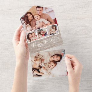 Rustic Linen & Happy Holidays Script Multiphoto All In One Invitation