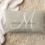 Rustic Linen Look with White Monogram Lumbar Cushion<br><div class="desc">Personalised wedding gift for newlyweds.Rustic printed linen look and white monogram initial pillow with bride and groom names and wedding date in a script font overlay design on a PRINTED beige linen photo effect background. Elke Clarke© for MonogramGallery at Zazzle. Makes a great gift for newly weds. Great trendy, elegant...</div>
