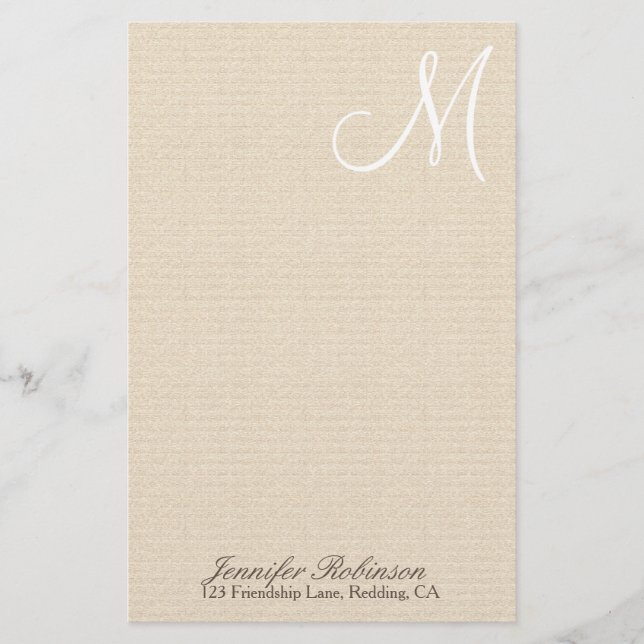 Rustic Linen Look with White Monogram Stationery (Front)