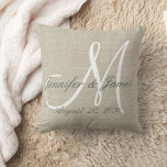 Rustic Linen Look with White Monogram Wedding Cushion<br><div class="desc">Personalised wedding gift for newlyweds.Rustic printed linen look and white monogram initial pillow with bride and groom names and wedding date in a script font overlay design on a PRINTED beige linen photo effect background. Elke Clarke© for MonogramGallery at Zazzle. Makes a great gift for newly weds. Great trendy, elegant...</div>