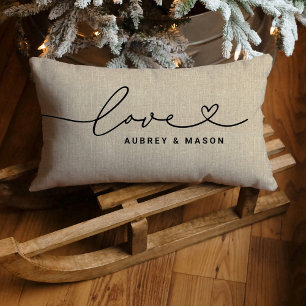 Rustic Linen Love Heart Script Couple Names Lumbar Cushion