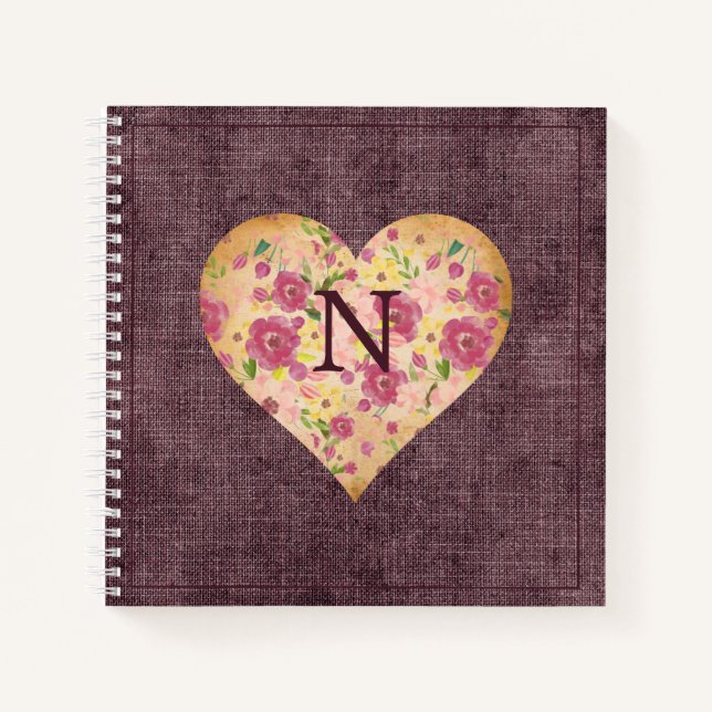 Rustic Linen Monogram Floral Heart Pretty Notebook (Front)