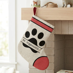 Rustic Linen Paw Print Holiday Decor Large Christmas Stocking