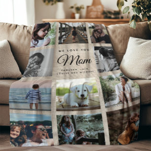Rustic Linen Photo Collage Mother's Day Family Fleece Blanket