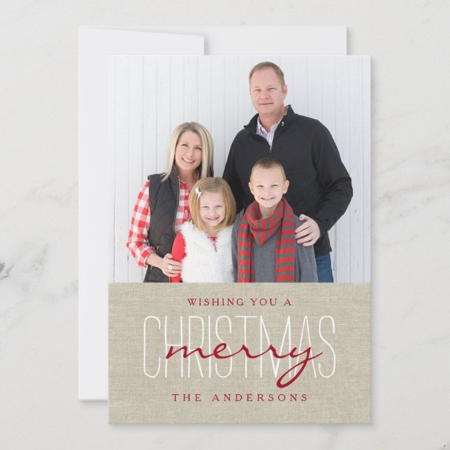 Rustic Linen Simple Merry Christmas Holiday Photo (Front)