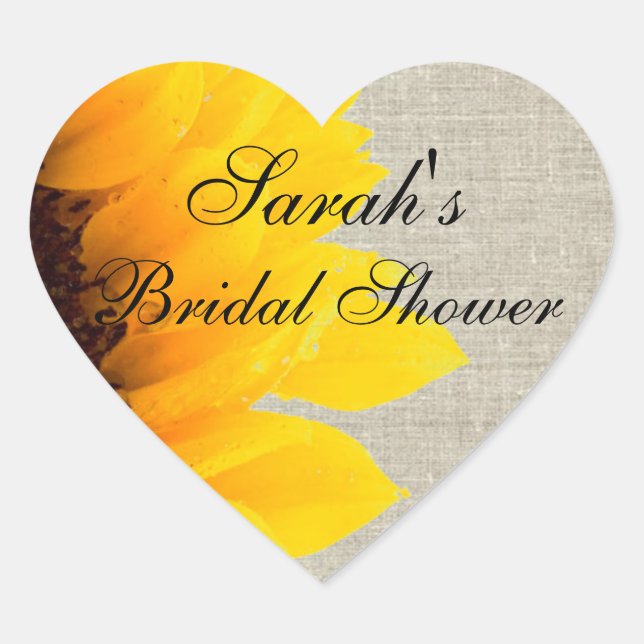 Rustic Linen Sunflower Bridal Shower Heart Sticker (Front)
