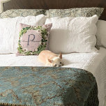 Rustic Linen Wreath Monogram Wedding Keepsake Cushion<br><div class="desc">Personalised wedding keepsake. This elegant, rustic digital linen design pillow features a beige linen texture background with a beautiful watercolor greenery and cotton boll wreath that frame the classic dark grey monogram initial. The couple's first names are written over the monogram initial in a beautiful calligraphy script, with the wedding...</div>